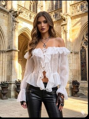 Off-Shoulder Ruffle Tie-Front Blouse - White Romantic Women's Top